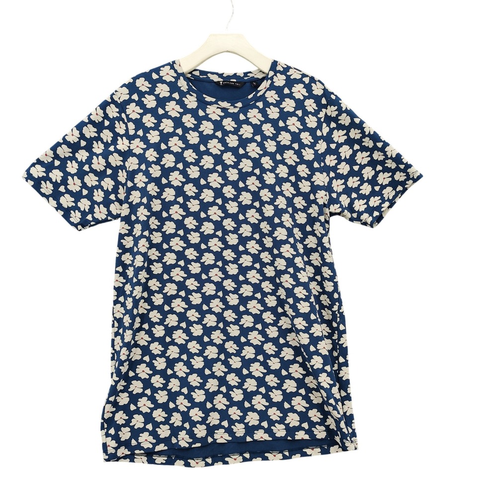 American Tall Mens Retro Floral Cottage Pima Cotton Shirt L Tall Blue Cream Tee